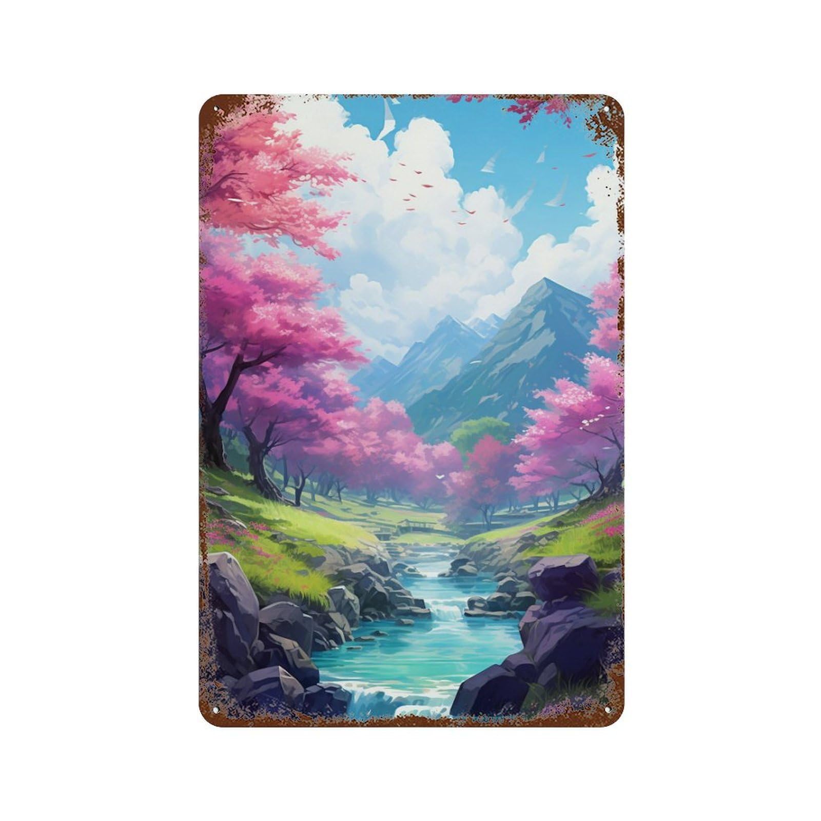 Cherry Blossom Valley Stream Rusty Metal Tin Sign 11.8"x7.9", Vintage Wall Decor for Garage, Pub Or Kitchen