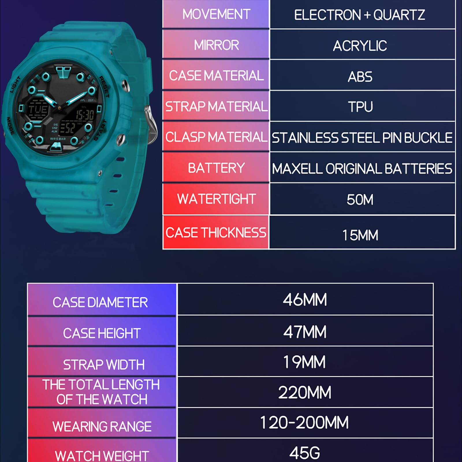 findtime Orologi per uomo e donna adolescente studente colorato sport analogico digitale orologio impermeabile con allarme mondiale conto alla rovescia, cronometro robusto per attività all'aperto