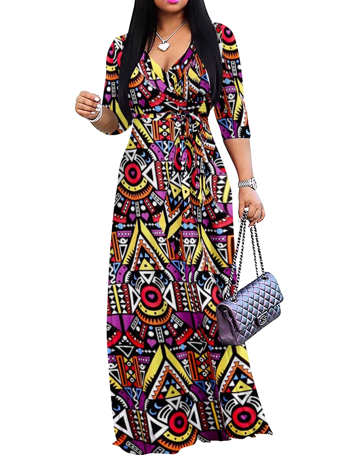 Yajedo Womens Casual Summer Maxi Dress Plus Size Sexy Warp V Neck 3/4 Sleeve Sundress with Poctets