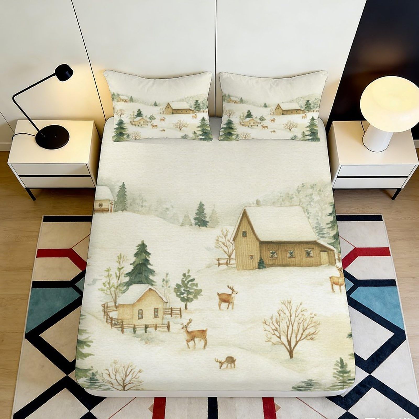 3D Printed Winter Cottage Landscape Fitted Sheet Microfiber Soft Deer Scene Mattress Cover Bedroom Decor 90x200x25cm