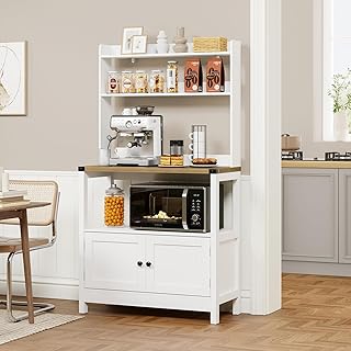 Microwave Stand Bakers Rack Cabinet, Freestanding 5-Tier Kitchen Shelves, Farmhouse Floor Hutch Door Thickened