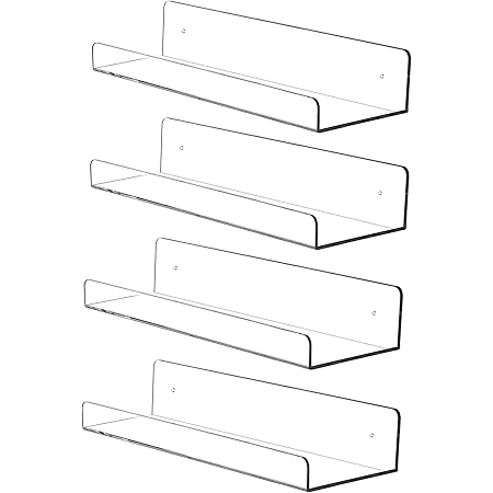 Cq acrylic 15" Invisible Acrylic Floating Wall Ledge Shelf, Wall Mounted Nursery Kids Bookshelf, Invisible Spice Rack, Clear 5MM Thick Bathroom Storage Shelves Display Organizer, 15" L,Set of 4