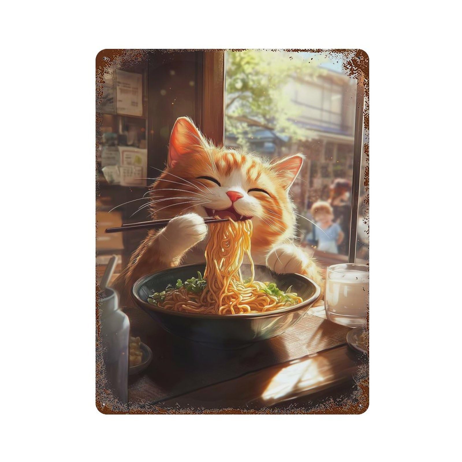 Rust Effect Japanese Cat Eating Ramen Rusty Metal Tin Sign 15.7"x11.8", Old School Wall Decor for Cafe, Home Bar And Lounge Decor