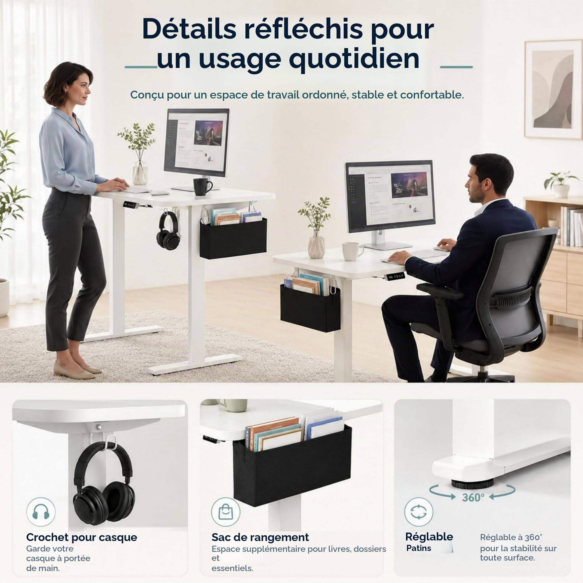 Bureau Assis Debout Électrique 160x75cm,Reglable en Hauteur 70 et 117,5 cm,avec Lumineuse,USB, Sac et Crochet,2 Fonction Mémoire,Bureau Gaming Electrique Rrgonomique,Blanc