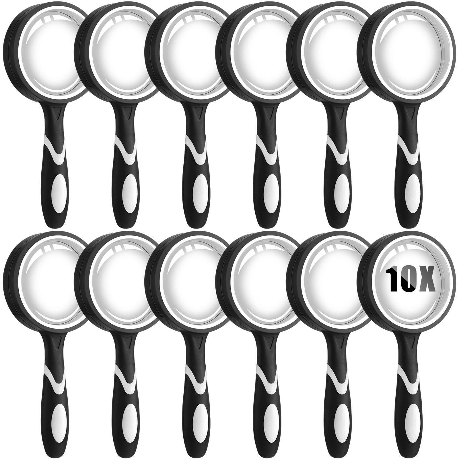 Xuhal Lot de 12 loupes de lecture incassables 10x pour personnes âgées et enfants, loupe colorée de 50 mm avec caoutchouc antidérapant pour l'observation, l'exploration et la science (noir)