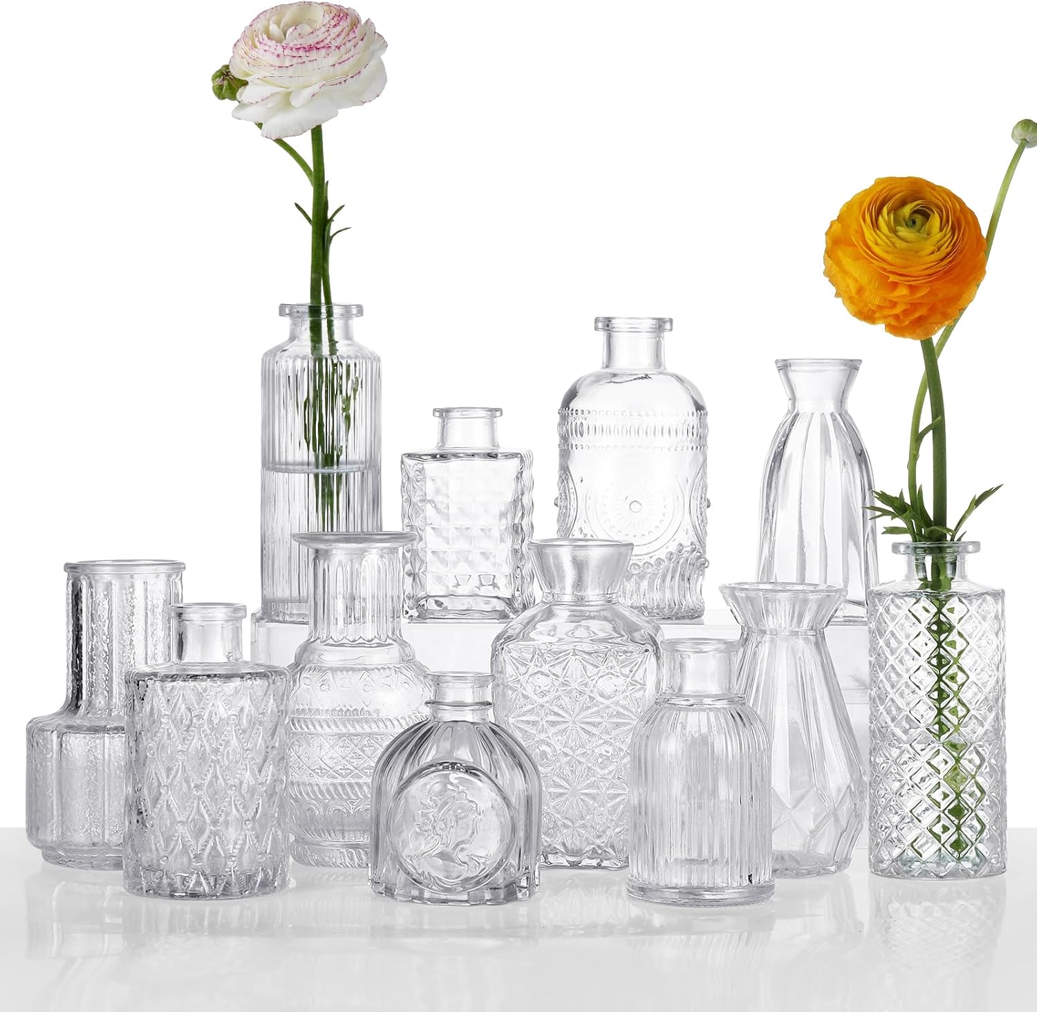 12 Pcs Small Glass Bud Vase Set of?Mini Vintage Vases in Bulk, Clear Bud Vases for Centerpieces? Rustic Wedding Decorations?Home Table Flower Décor.