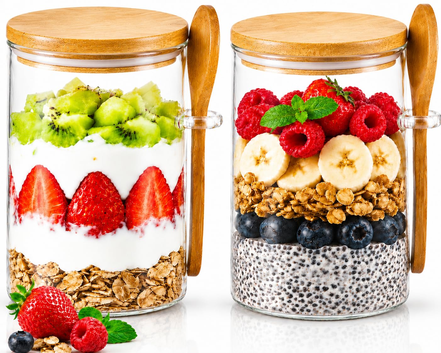 Photo 1 of ** one only **Npmkx Overnight Oats Containers With Lids and Spoons, 2pack Glass Jars with Bamboo Lids, Leak-Proof Overnight Oats Jars for Cereal, Yogurt, Chia Pudding