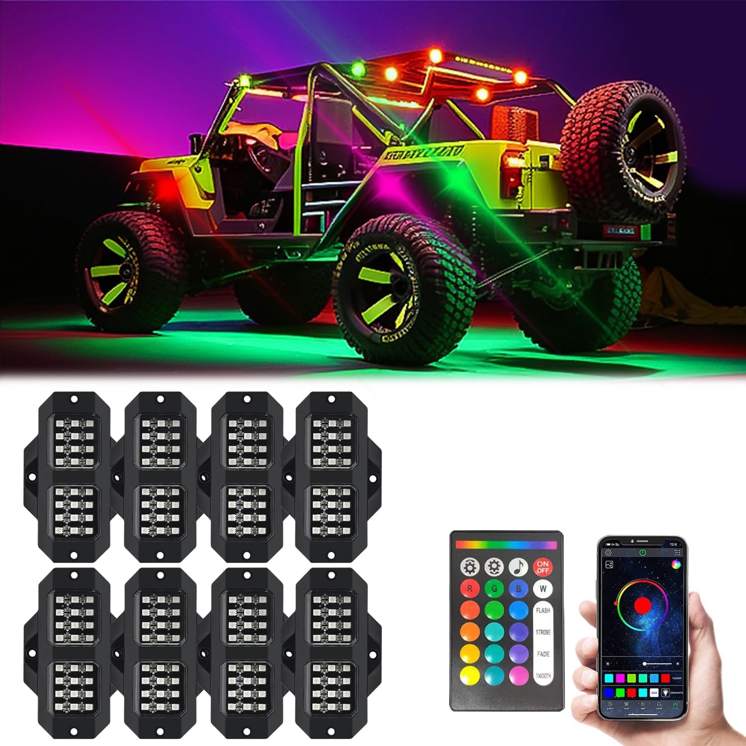 GSRECY LED Rock Lights for Trucks, 8 Pods RGB Rock Lights Kits, Waterproof Multicolor Exterior Underglow For Trucks Off Road SUV ATV UTV Motorcycle Pickup, App/Remote Control/Music Mode