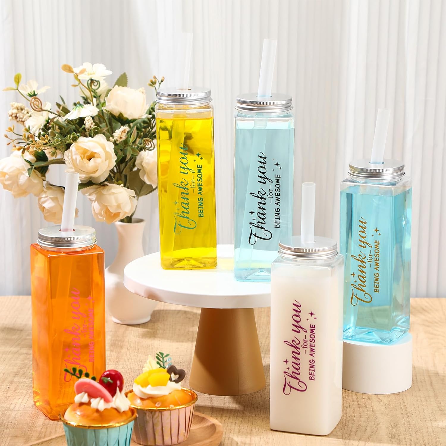 Skylety 24 Pcs Employee Appreciation Gifts Thank You Plastic Cups 17 oz Large Reusable Acrylic Skinny Tumblers with Lid Straw Rectangular Inspirational Plastic Mugs for Staff Coworker Team Teacher