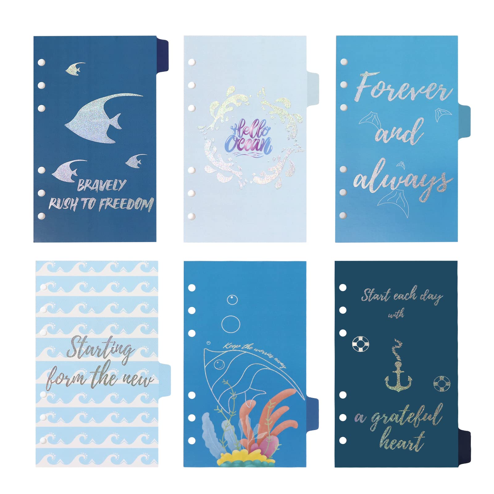 6 Ring Binder Dividers with Tabs, 6-Tab Insertable Dividers, Ocean Design File Separators Page Dividers,Decorative Index Dividers for Journal, Planner, Organizer, Notebook
