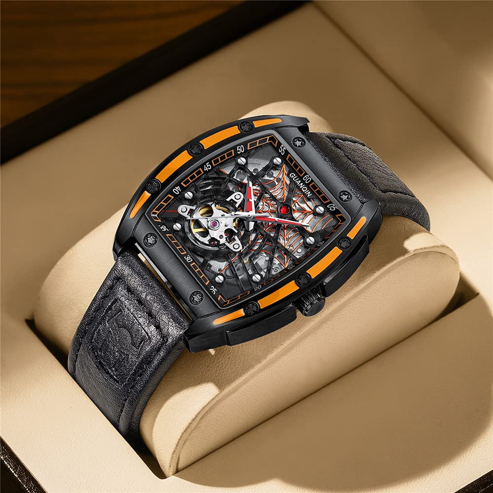 Guanqin Montre mécanique à remontage automatique japonais pour homme avec motif toile d'araignée innovante, saphir, double face, creux, étanche, en forme de tonneau