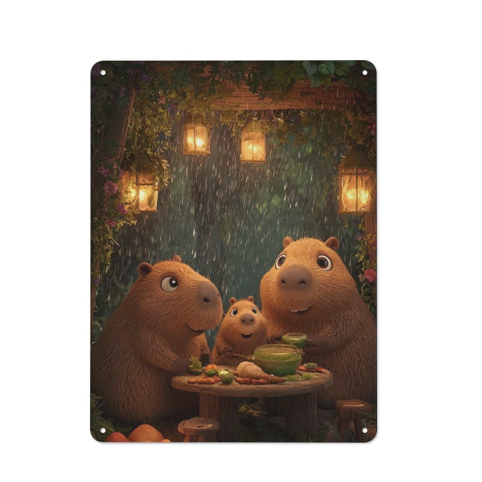 Junmoney Capybara Family Dinner In The Rain Rustic Metal Wall Decor 40X30cm, Country Metal Sign For Kitchen, Cottage, Porch Or Garden Room