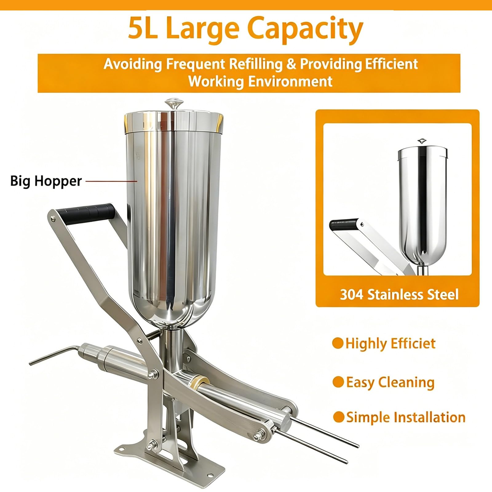 Machine de Remplissage de Beignets Manuelle 5L, Injecteur de Gelée, Crème Pâtissière, Confiture, Réglage Précis ±1g, pour Donuts, Éclairs, Churros, Cakes, Durable Tout INOX Longbeak