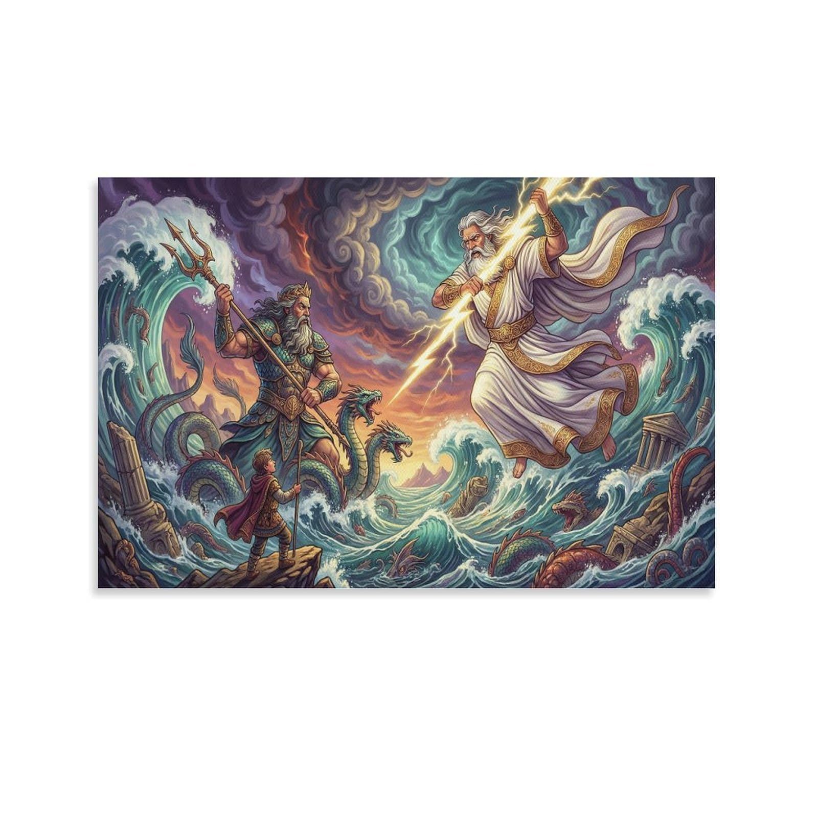 GPMNBCXZK Zeus vs Poseidon Greek Mythology Battle Canvas Wall Art Print for Living Room Home Wall Decor 24x36inch(60x90cm)