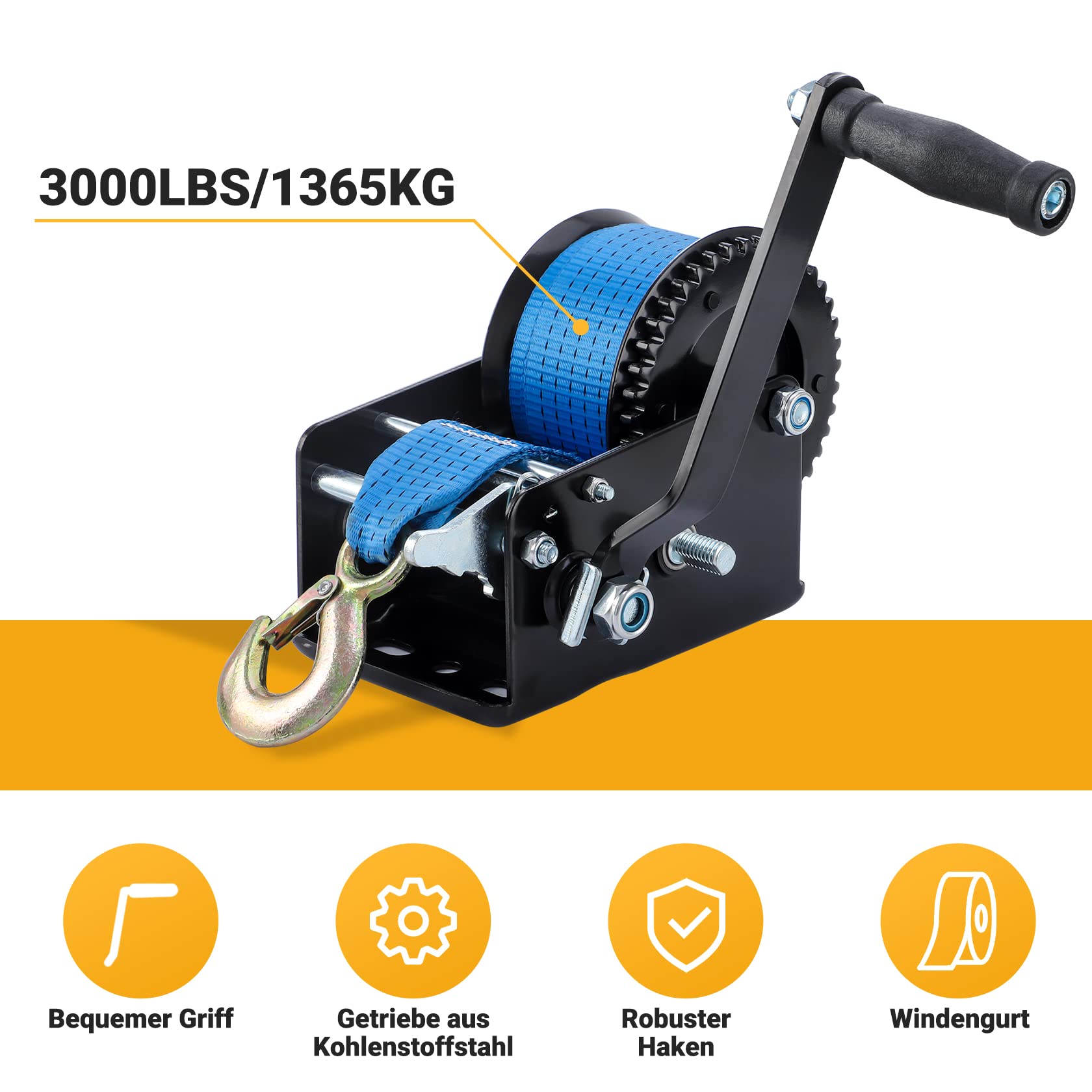 Pindex Hand Gurtwinde Bootstrailer mit 10m Polyester Gurtband, 1365kg, | Manuelle Bootswinde mit Handkurbel, 2 Gang 4:1 8:1, für Trailer, Anhänger Boot, Geländewagen