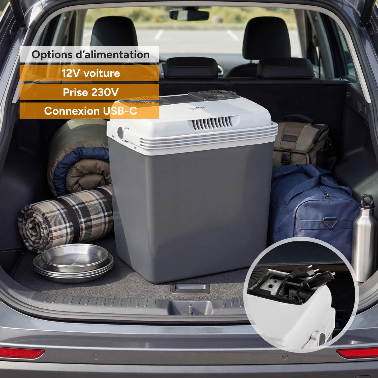 TZS First Austria - Glacière Électrique 32L - Triple Alimentation avec USB-C PD 3.0 - Refroidissement & Chauffage - 12V/230V/USB-C - Mini-Bar Mobile - Gris