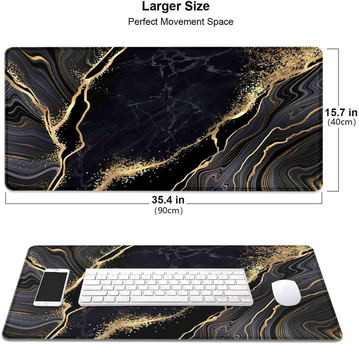 black and gold marble desk mat(35.4x15.7 in), large gaming mouse pad with anti slip rubber base for office home laptop desktop mat, extended computer keyboard mouse mat desk pad