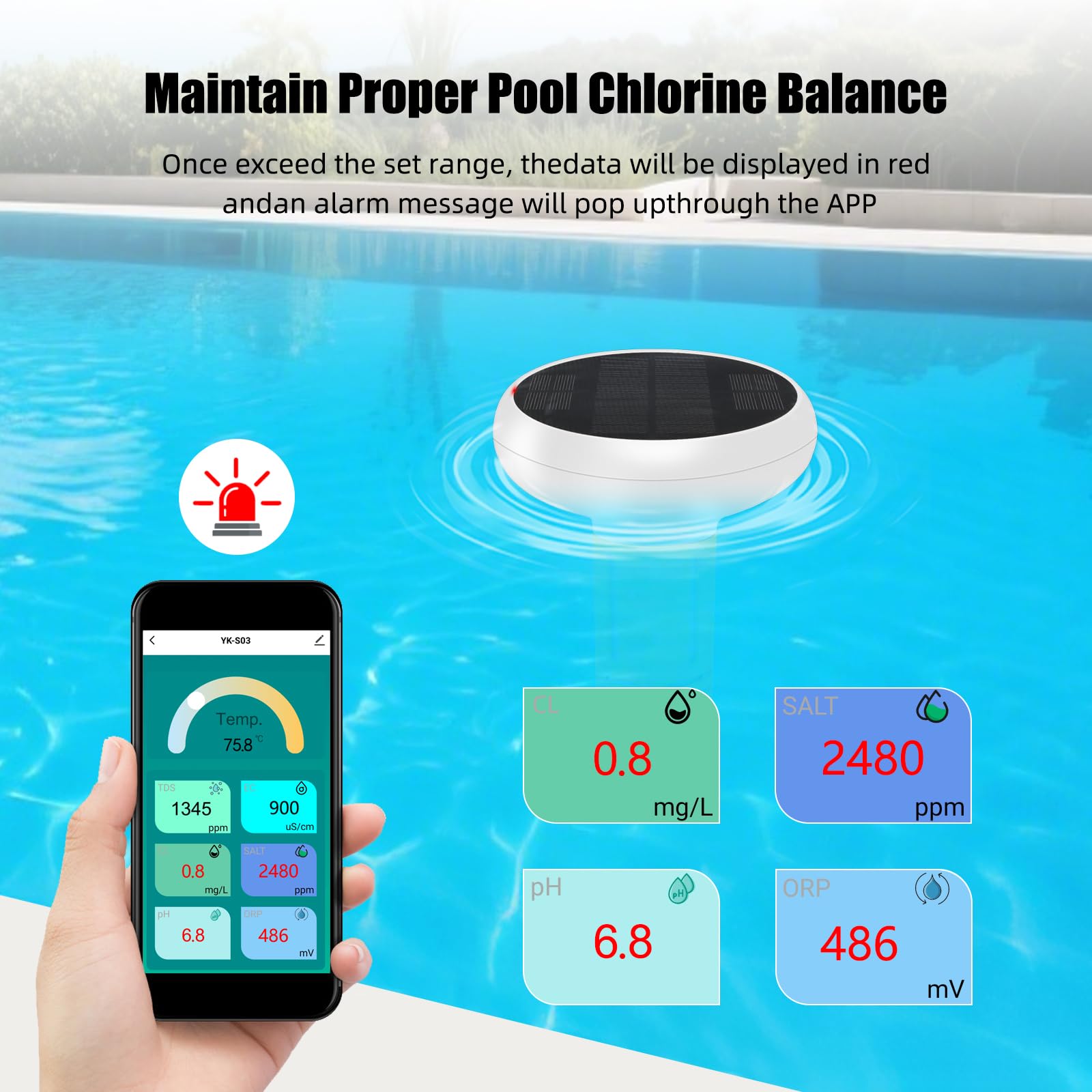 Testeur de Qualité d'Eau de Piscine Intelligent 7 en 1 pour Tuya, Moniteur Numérique pH Salinité ORP CL, Application en Temps Réel pour ACCESS pour l'Entretien de Piscine, Blanc Jaune ABS