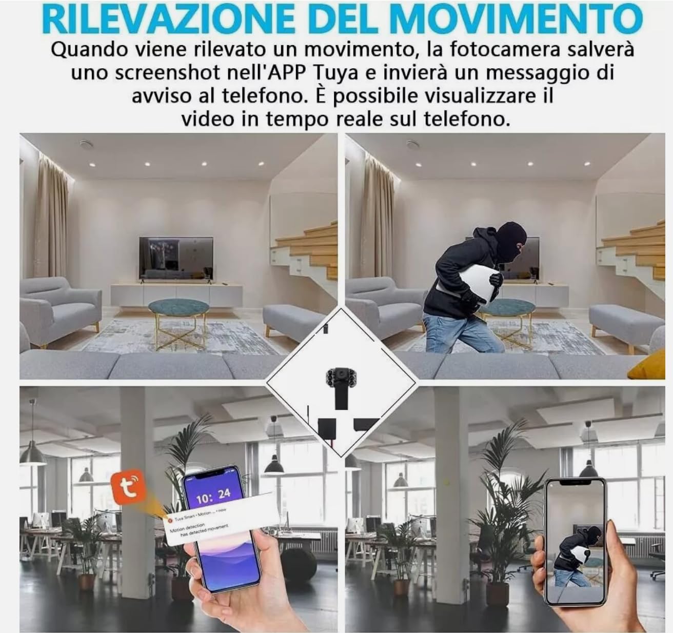 Mini Telecamera WiFi di Sorveglianza con Sensore di Movimento, Infrarossi con Batteria 4 ore, Controllo da Smartphone, Visione Notturna Microcamera 1080P