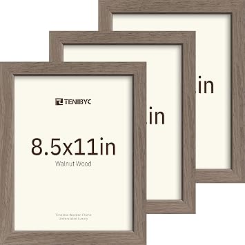 8.5 by 11 picture frame, Walnut Wood, 3 Pack, Glass, for Photo, Art