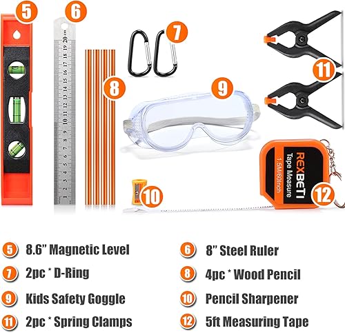 Miniatura 5 de REXBETI Juego de herramientas de construcción joven de 18 piezas con herramientas de mano reales, cinturón de herramientas reforzado para niños,