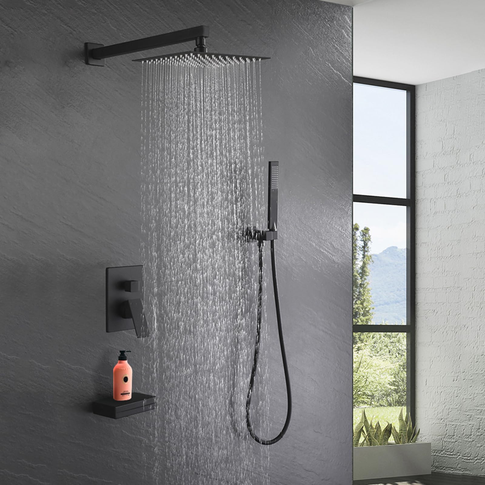 Système de douche dissimulé 10 po avec mitigeur cascade noir pour baignoire chic