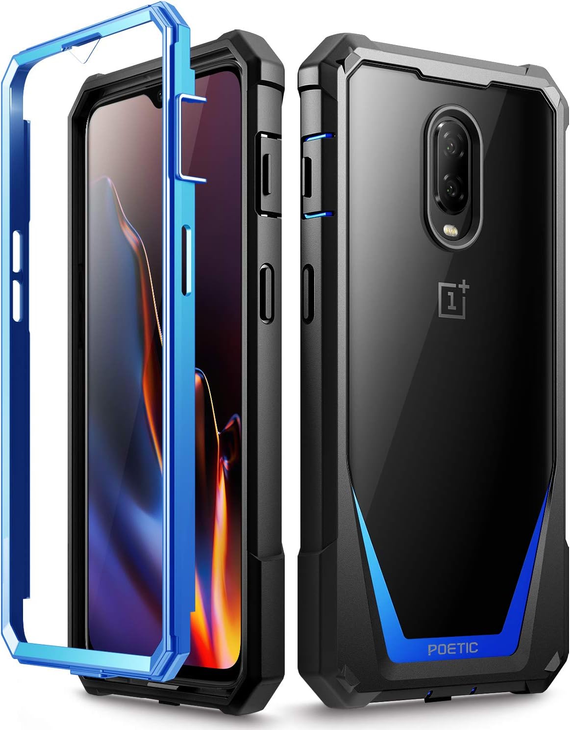 OnePlus 6T Case, Poetic Guardian [Scratch Resistant Back] [Built-in-Screen Protector] Full-Body Rugged Clear Hybrid Bumper Case for OnePlus 6T (2018) - Blue