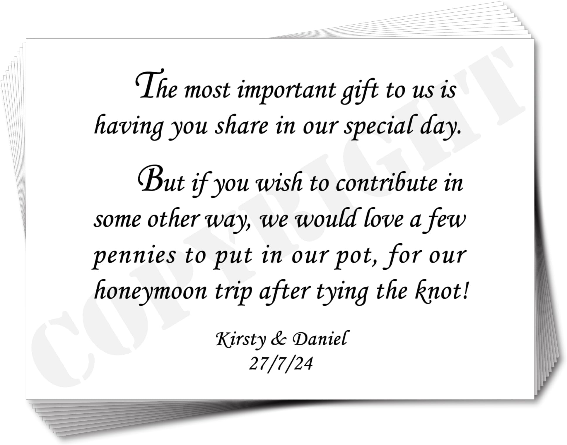 10 x Personalised Wedding Birthday money wish gift poem Cards A7