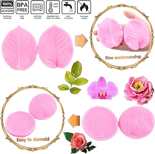 Miniatura 3 de Mujiang Moldes de silicona para veteado de goma de mascar para pasta de goma de mascar veteada, peonía, orquídea, hojas de rosa, moldes para