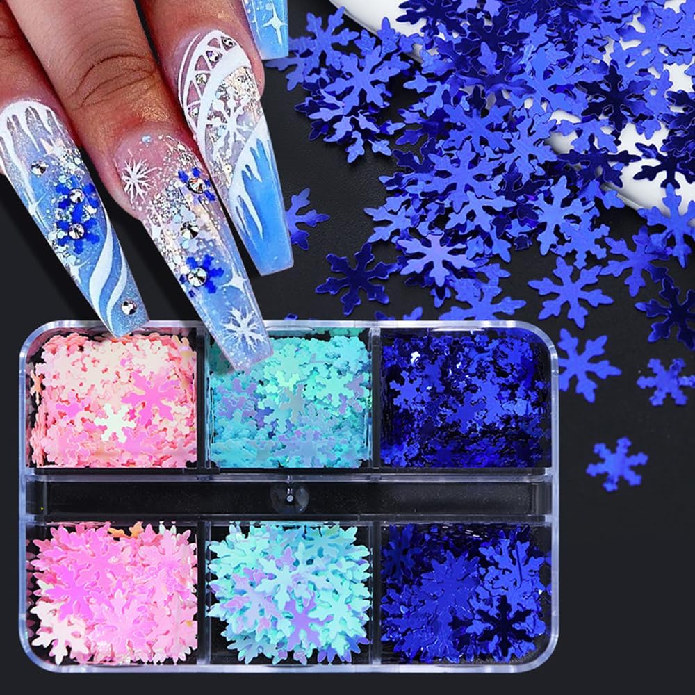 Snowflake Nail Glitters for Christmas Day Nail Art Decorations Winter Nail Art Supplies Sequins Blue Pink Snowflake Nail Confetti Cute Christmas Nail Stuff for Women, 6Grids