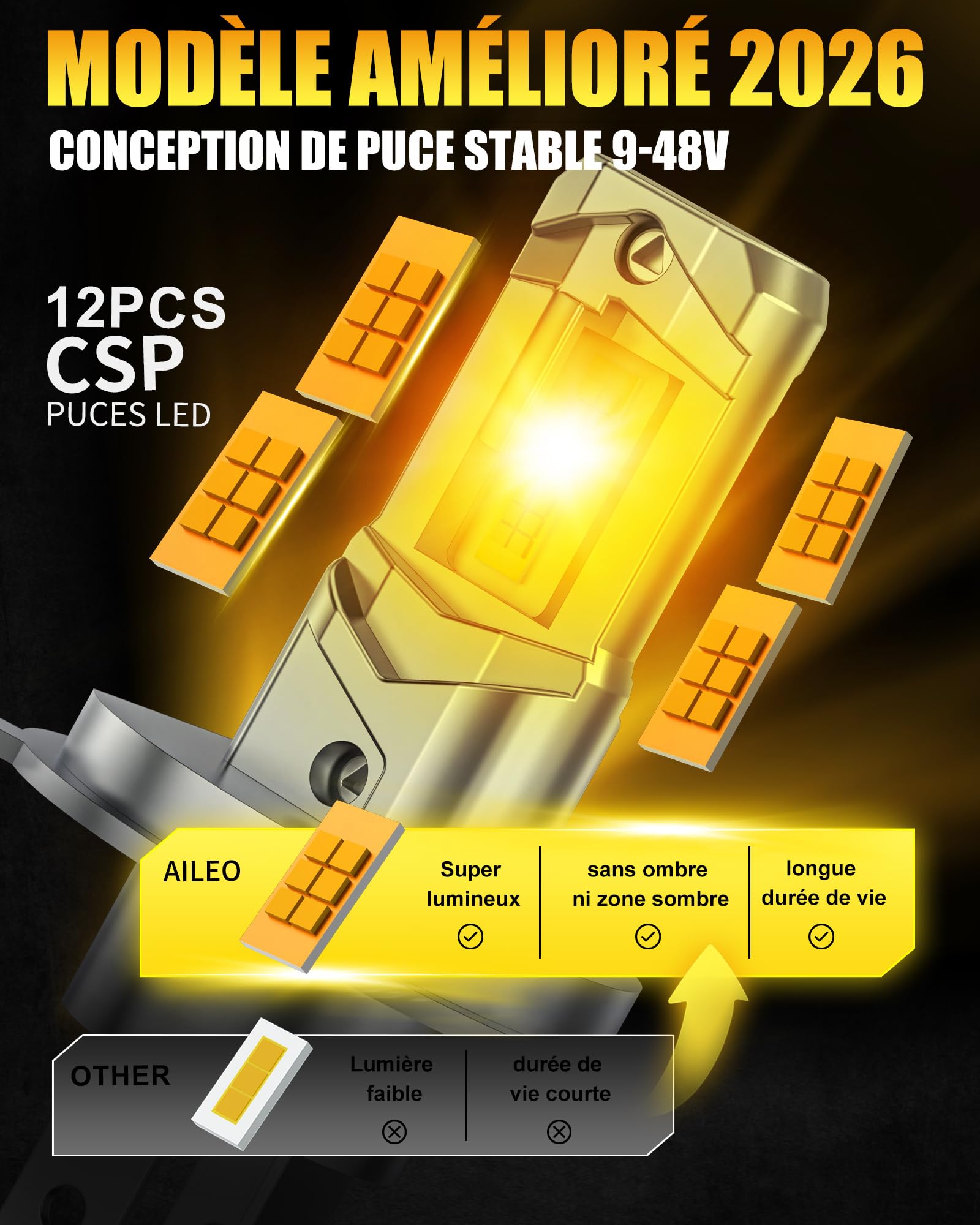 Bombillas LED H4 9003 3000 K, color amarillo ámbar para faros, 20000 lm, 60 W, por par, 9-36 V, compatible con CANBUS, reemplazo halógeno, lote de 2
