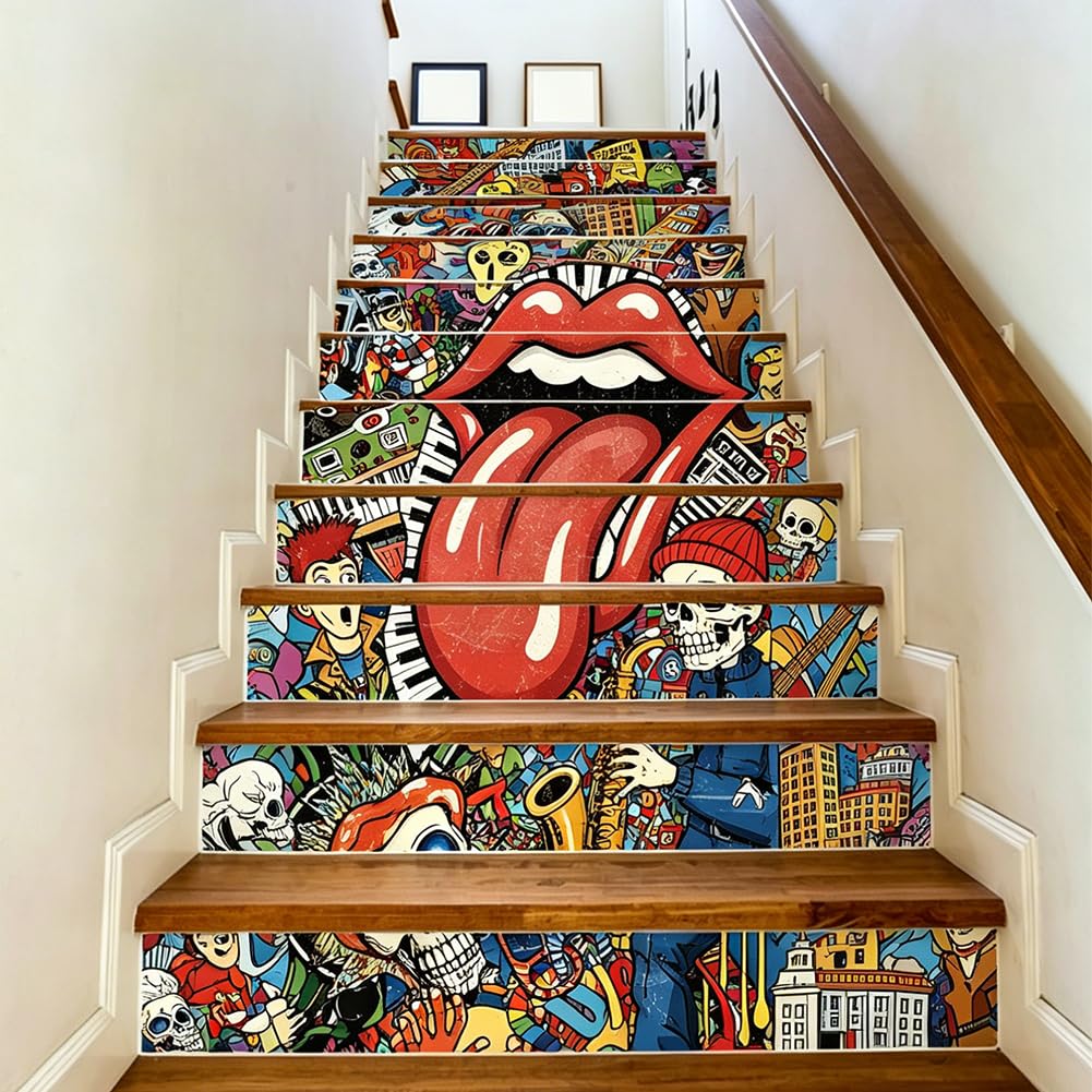 PLIGREAT 15 Strips Hip-hop Graffiti Stair Decals, Peel and Stick DIY Stair Riser Stickers for Steps 18x100cm Self-Adhesive Vinyl Creative Staircase Murals for Home Hotel Decor