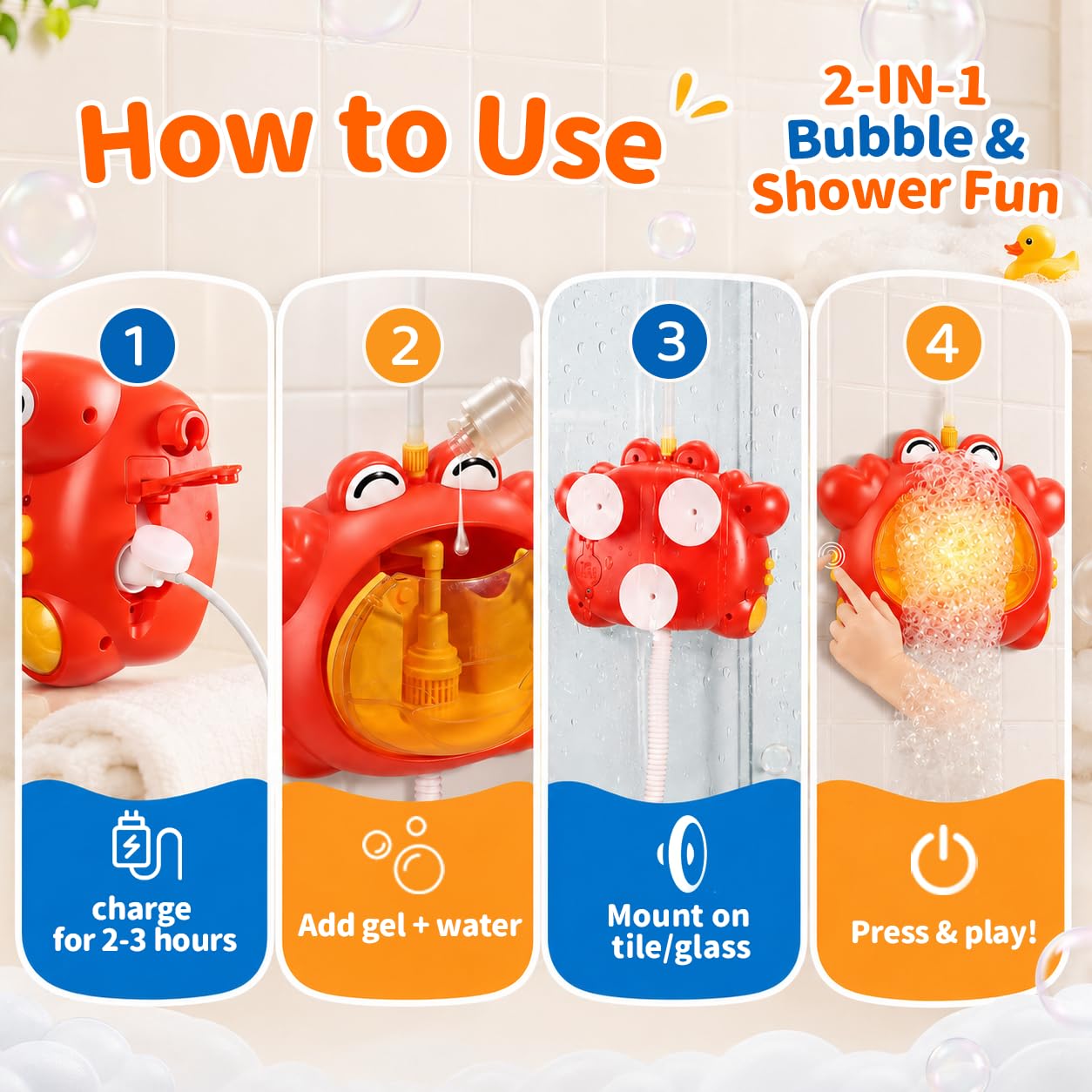 Krabben-Badespielzeug, 4-in-1 Schaumbad-Maschine mit Duschkopf, Kleinkinder, beleuchtet und Musik, Badewannenspielzeug für Kinder im Alter von 1–3 Jahren, 4–8 Jahre, wiederaufladbar über USB