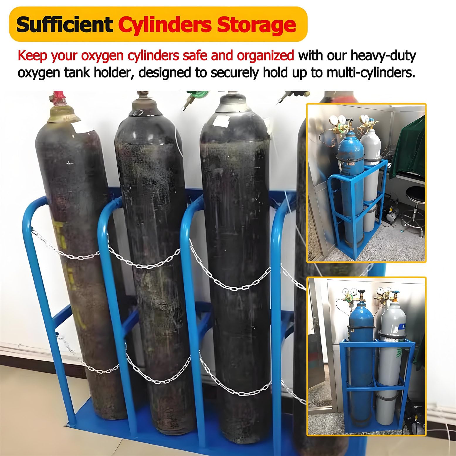Support de rangement robuste pour bouteilles de gaz, support de montage au sol avec chaîne de sécurité et vis, idéal pour sécuriser plusieurs réservoirs dans des environnements industriels ou ateliers