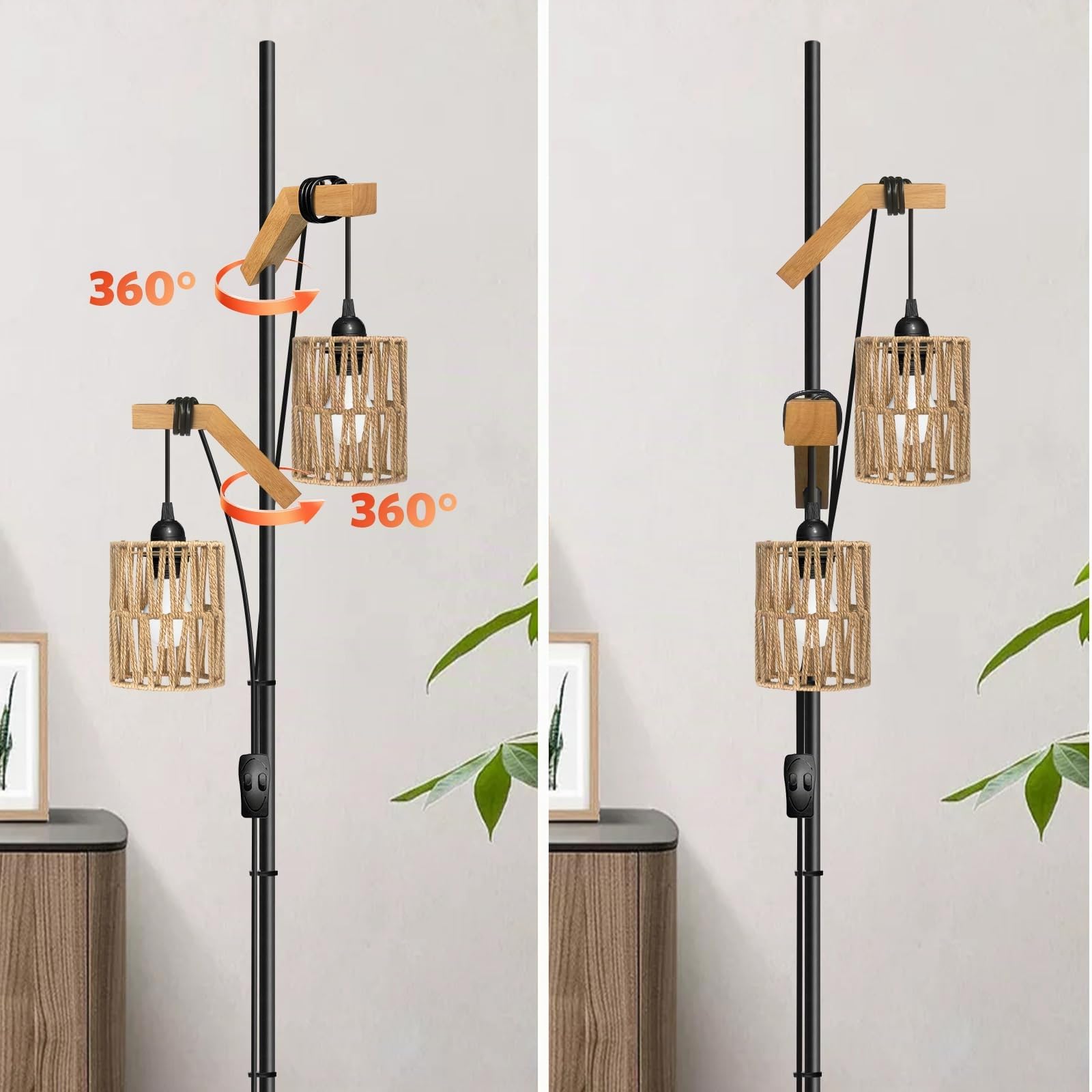 BBHome Lámpara de Pie de Ratán para Salón, lampara de pie de Madera de 2 Luces en Metal, lampara salon Boho con Pantalla de Ratán, lamparas Industrial para Dormitorio Oficina, Bombilla no Incluida