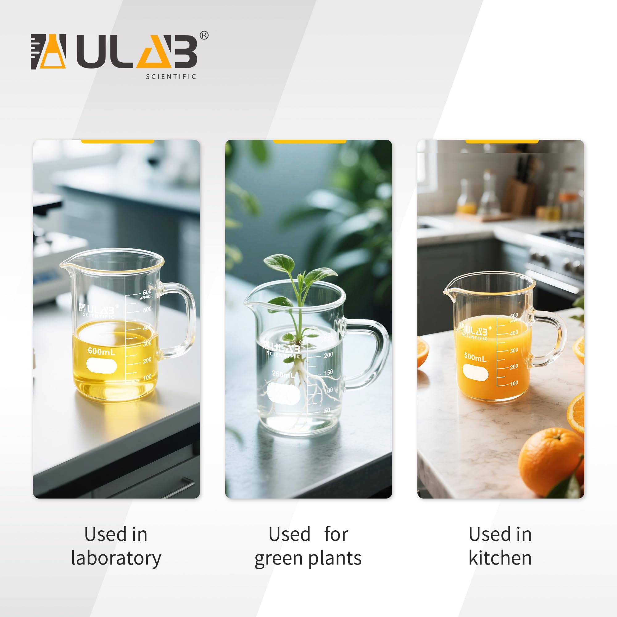 ULAB UBG1071 Lot de 4 béchers en verre borosilicate 3.3 avec poignée, vol. 500 ml, forme basse avec graduation imprimée, lot de 4