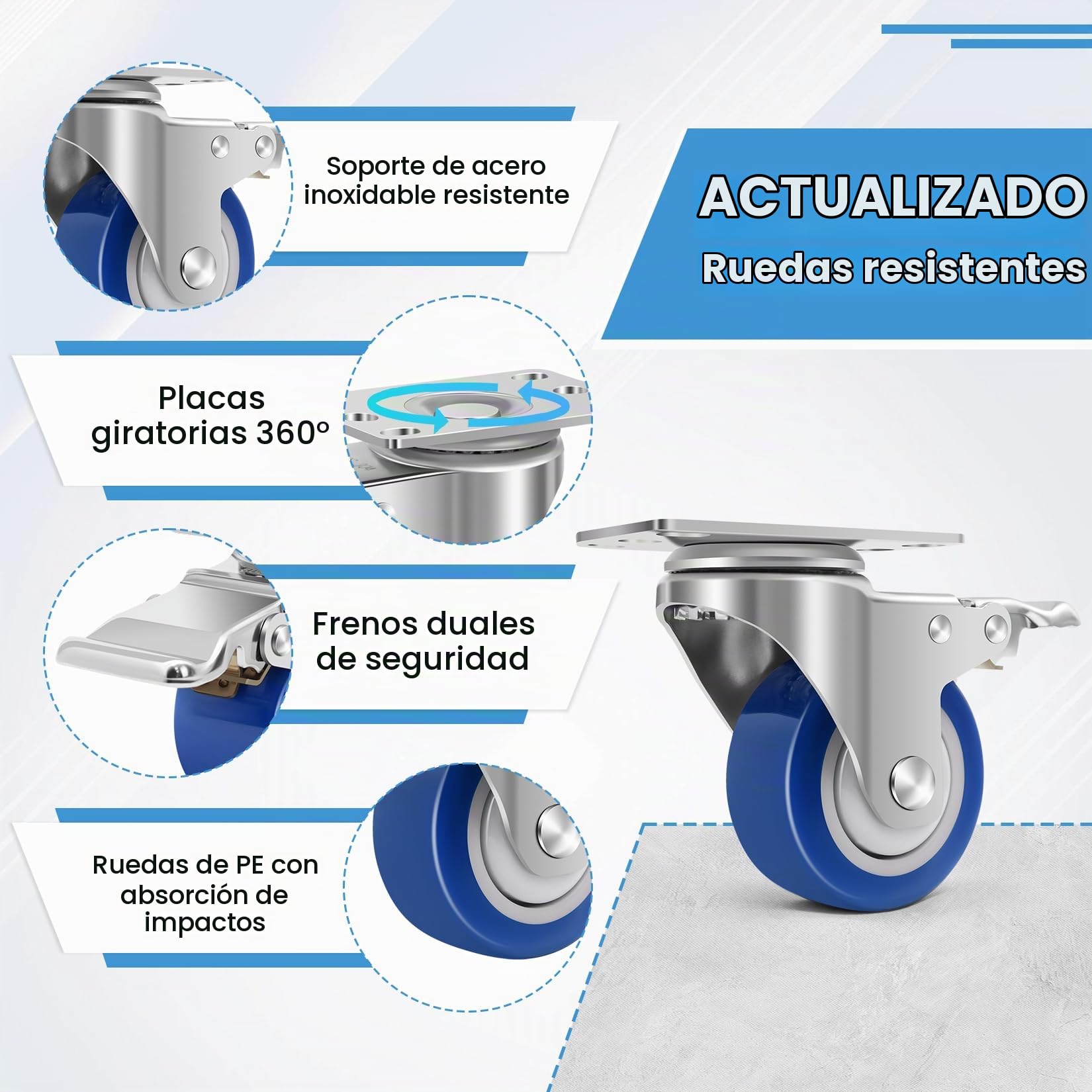 75mm Ruedas Giratorias Industriales de Acero Inoxidable, Capacidad de 540kg, Ruedas Resistentes al Calor para Muebles, Ruedas Pesadas con Freno para Dispositivos Médicos, Uso en Exteriores