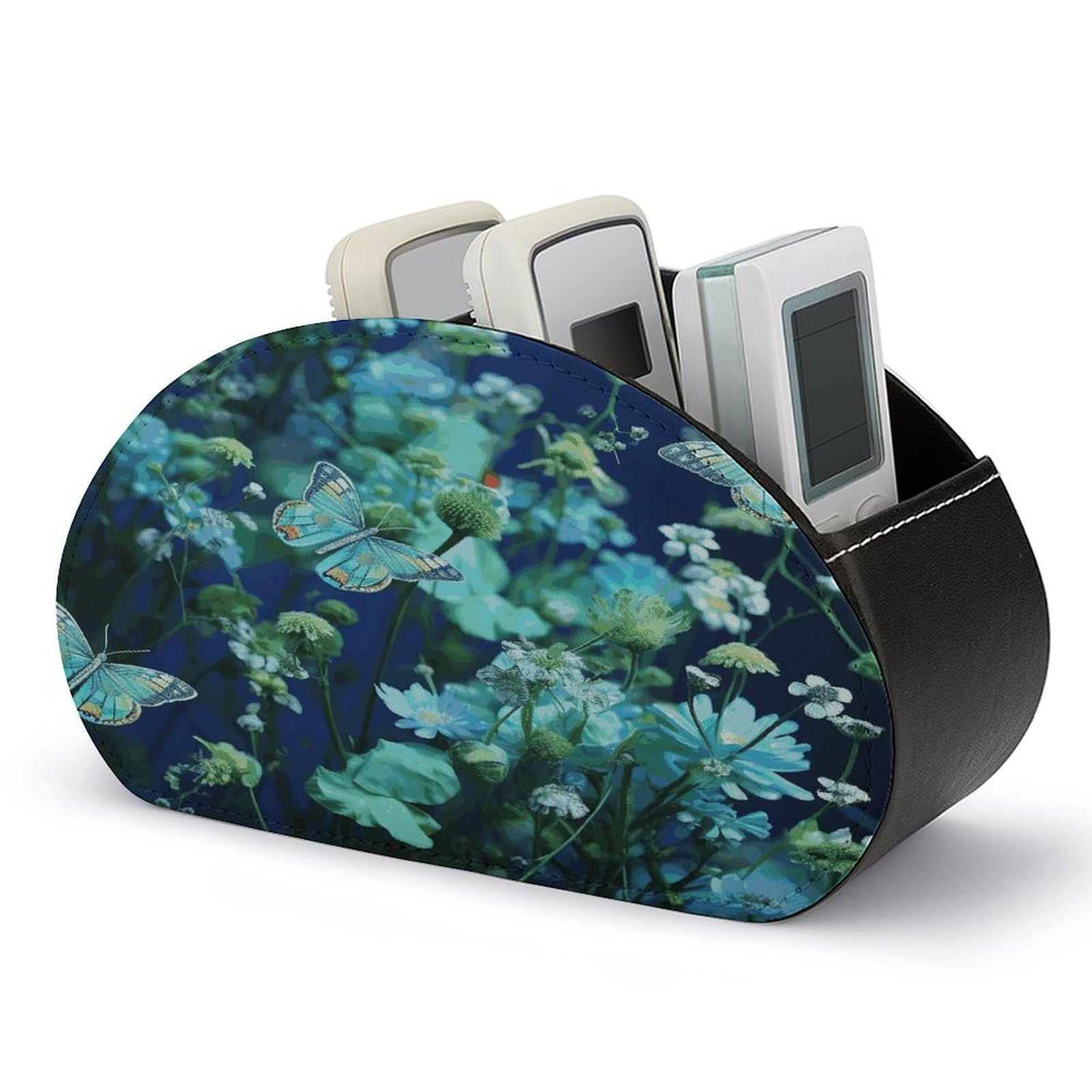 JTREHY - Blue Flower Butterfly Remote Control Holder 5 Compartments PU Leather Tray TV Storage Box Bedside Storage Organizer