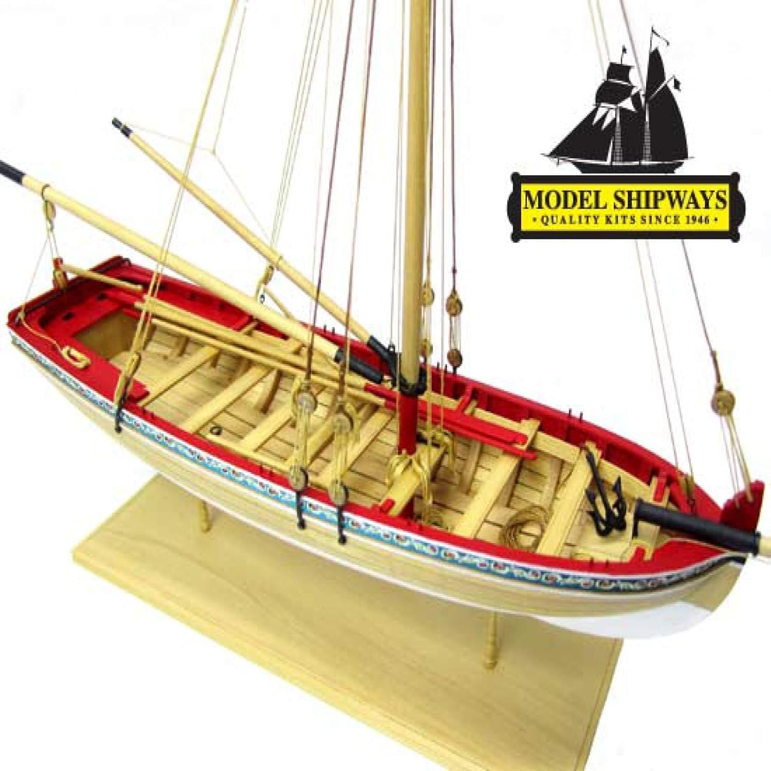 Close-up view of the Model Expo Longboat model, showing intricate deck details and rigging