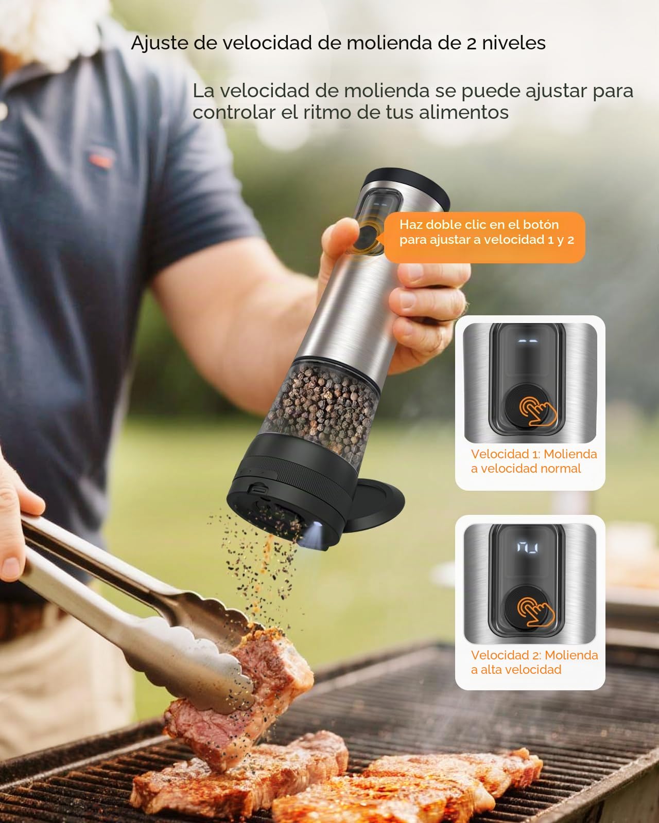 AMOSA Juego de Molinillo Pimienta Electrico de Sal, con 5 Tamaños de Grano & 2 Velocidades Ajustables, Base Recargable con Pantalla de Batería, Saleros de Cocina Automática acero Inoxidable con LED