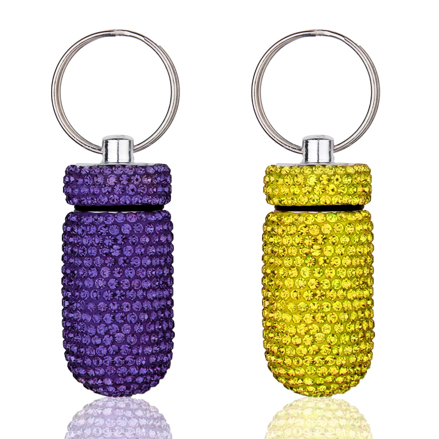 GOUWEIBA 2 Pieces Bling Pill Container Portable Pill Bottle Case Waterproof Travel Medicine Box Crystal Diamond Mini Pill Holder Storage with Keychain