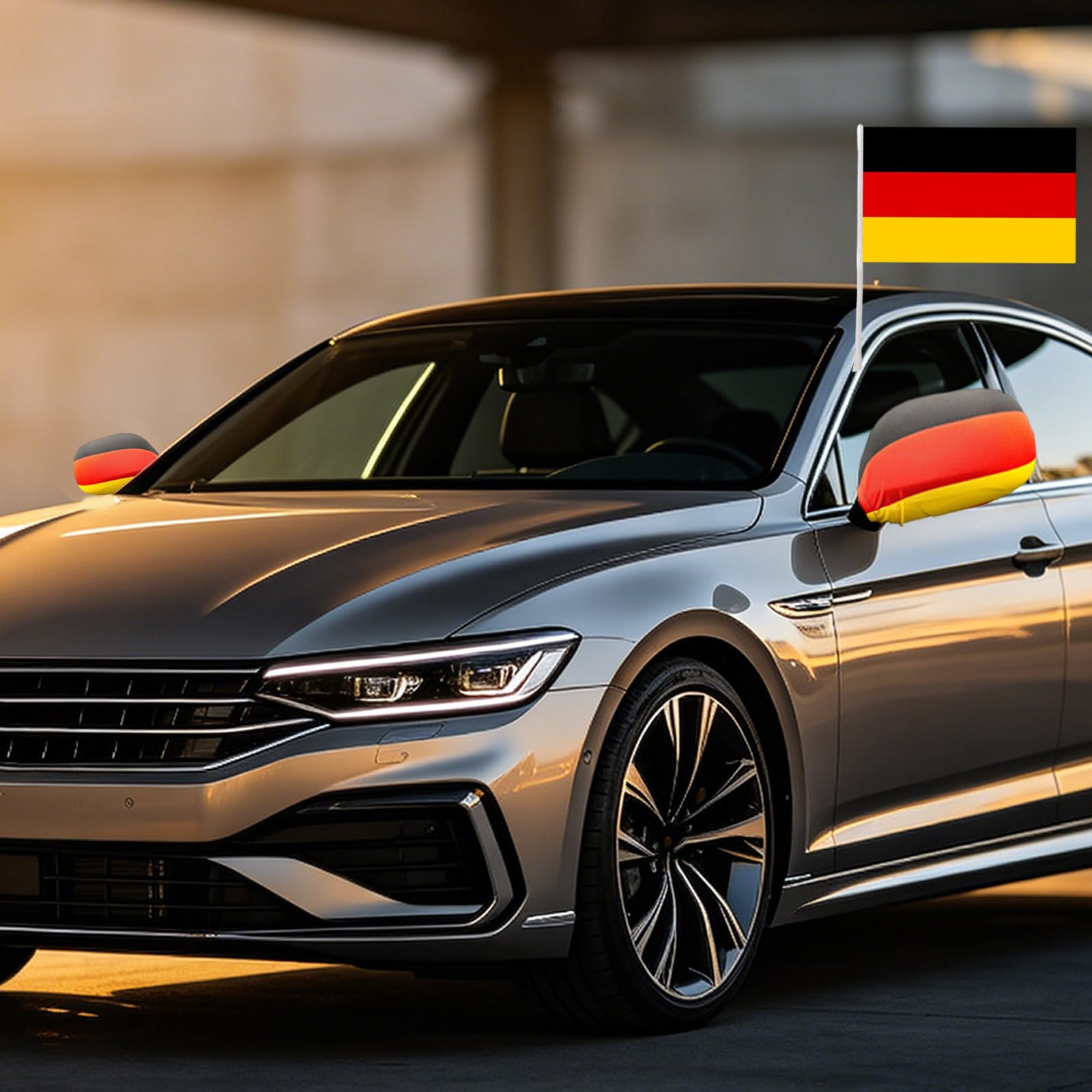 Auto Fahnen Deutschland Komplett Set - Motorhaubenfahne, 2 Autofahnen Fenster & 2 Außenspiegelfahnen, Fußball Fanartikel FZG für EM & WM, Deutsche Flagge Fahrzeug Deko (1 Set)