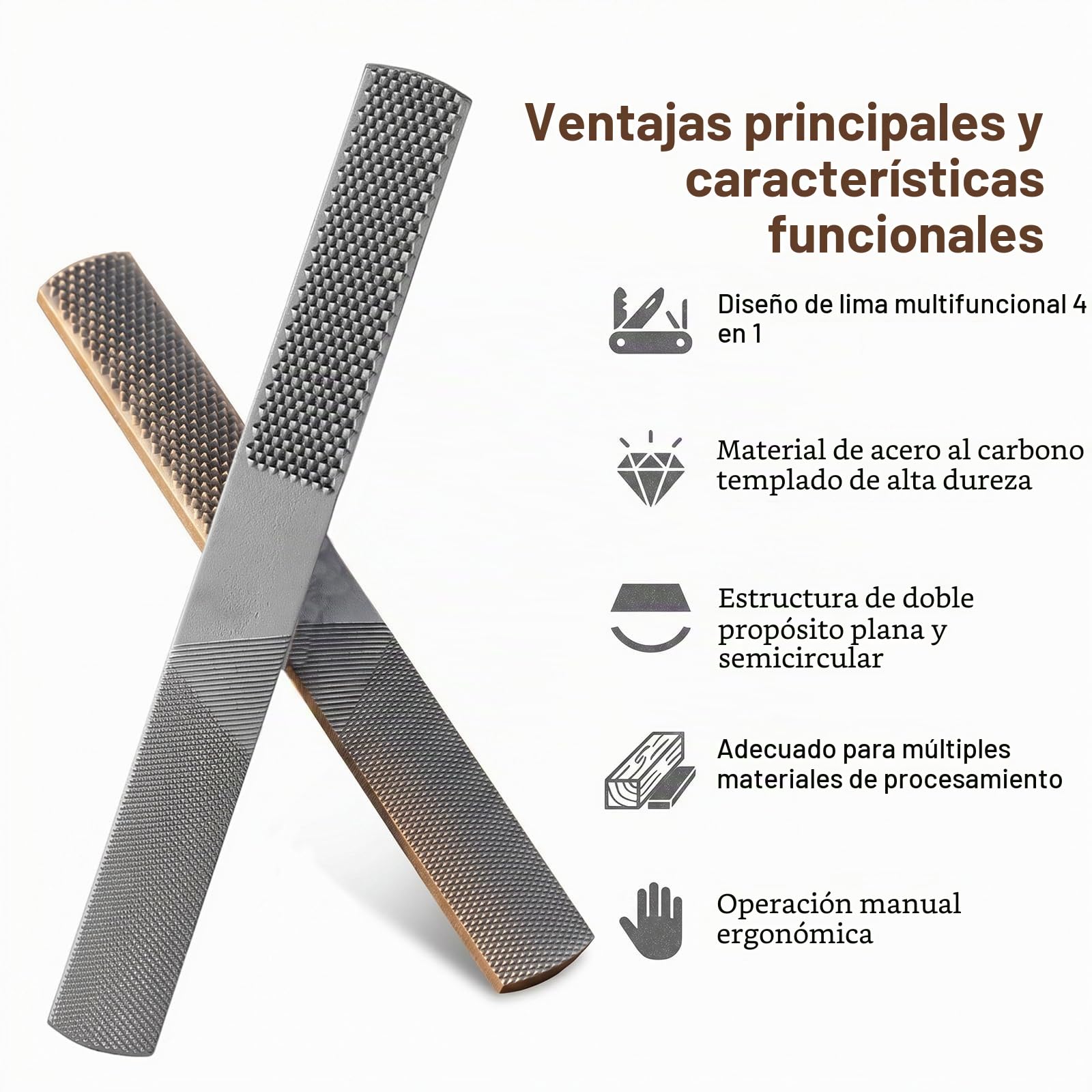 Escofina plana 4 en 1 media redonda, escofina de madera de acero al carbono, limas de mano para dar forma a madera de cuero de plástico de metal