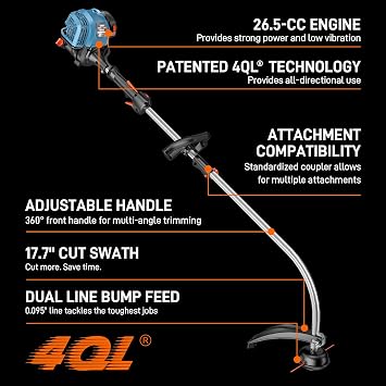 SENIX 4QL 26.5 cc Gas Weed Wacker, GTC4QL-L String Trimmer and Edger Lawn Tool with Curved Shaft, Front D-Handle, Bump Feed, 17 Inch Cutting Width