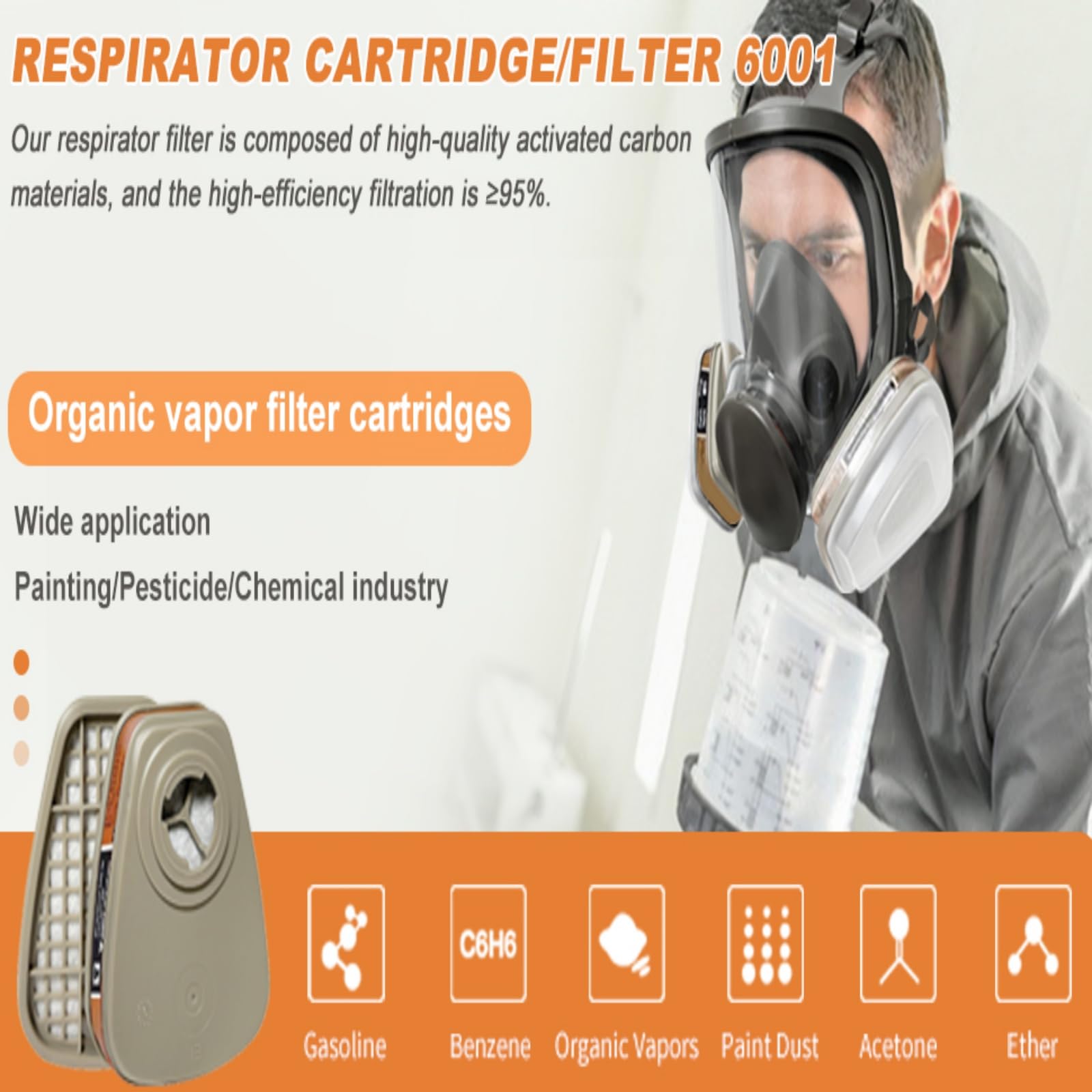 (10 Paar) 6001 Atemschutzpatrone, Partikelfilter für halbe und volle Atemschutzmaske gegen Staub/Gas/organische Dämpfe/Chemikalien, austauschbare Filter, kompatibel mit Atemschutzmasken der Serie