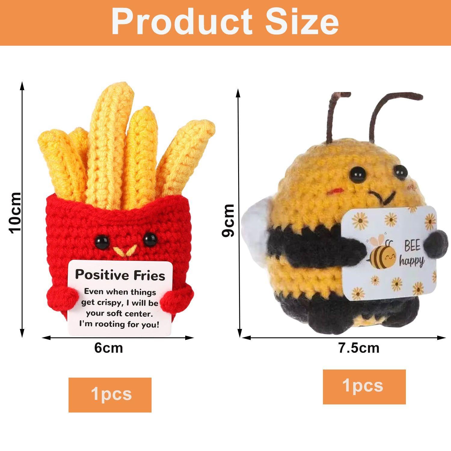 Lot De 2 Poupées Tissées Abeille-Frite Au Crochet – 6 Cm – Déco Bureau Jaune – Artisanat Main – Cadeau Ami Original