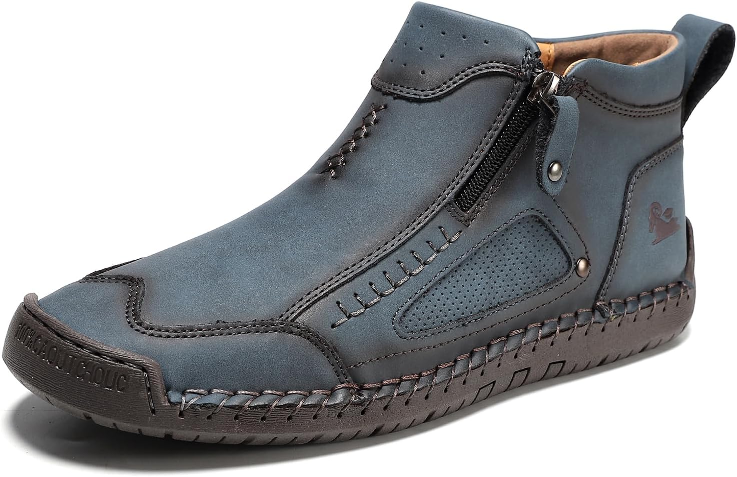Men's Casual Chukka Boots Comfort Vintage Hand-Stitched Leather Ankle Boots Side Zipper Soft Sole Non-Slip Walking Shoes