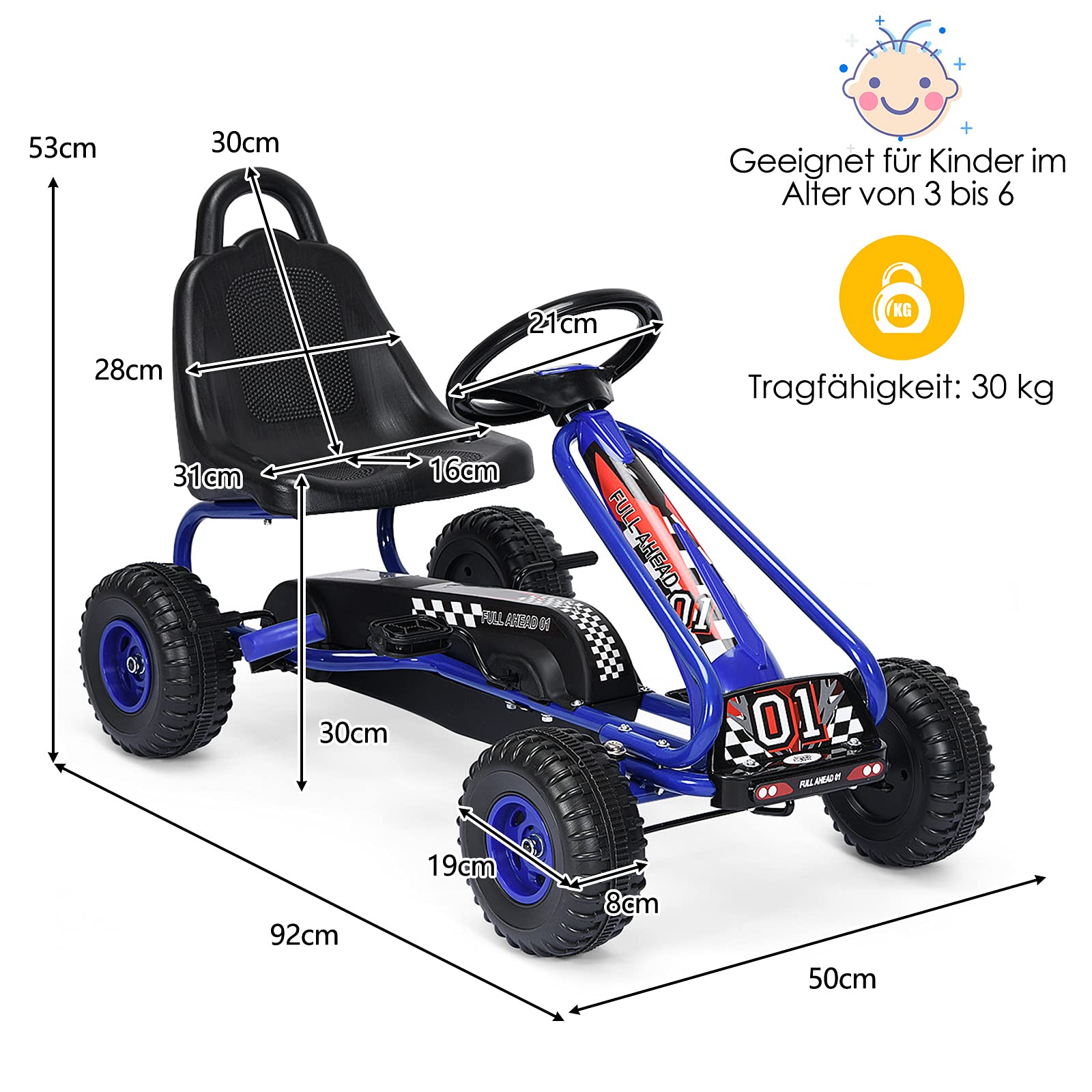 GOPLUS Gokart mit verstellbarem Sitz, Tretauto mit Handbremse und geschlossener Kettenabdeckung, Vor- und Rückwärtsgang, Tretfahrzeug für Kinder ab 3 Jahre bis 30 kg (Blau)
