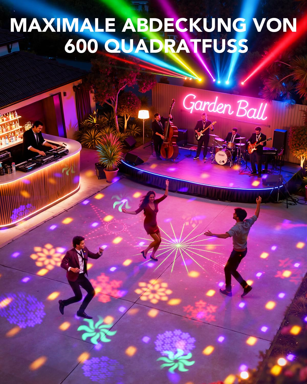 KeoBin All-in-One Schneeflocken Discolicht partylicht mit RGB & UV | Rotierende Muster, Musiksteuerung, Strobe, 3 Soundmodi, 4 Auto-Programme, DMX512, Party, Bar, Club & Weihnachtsdeko