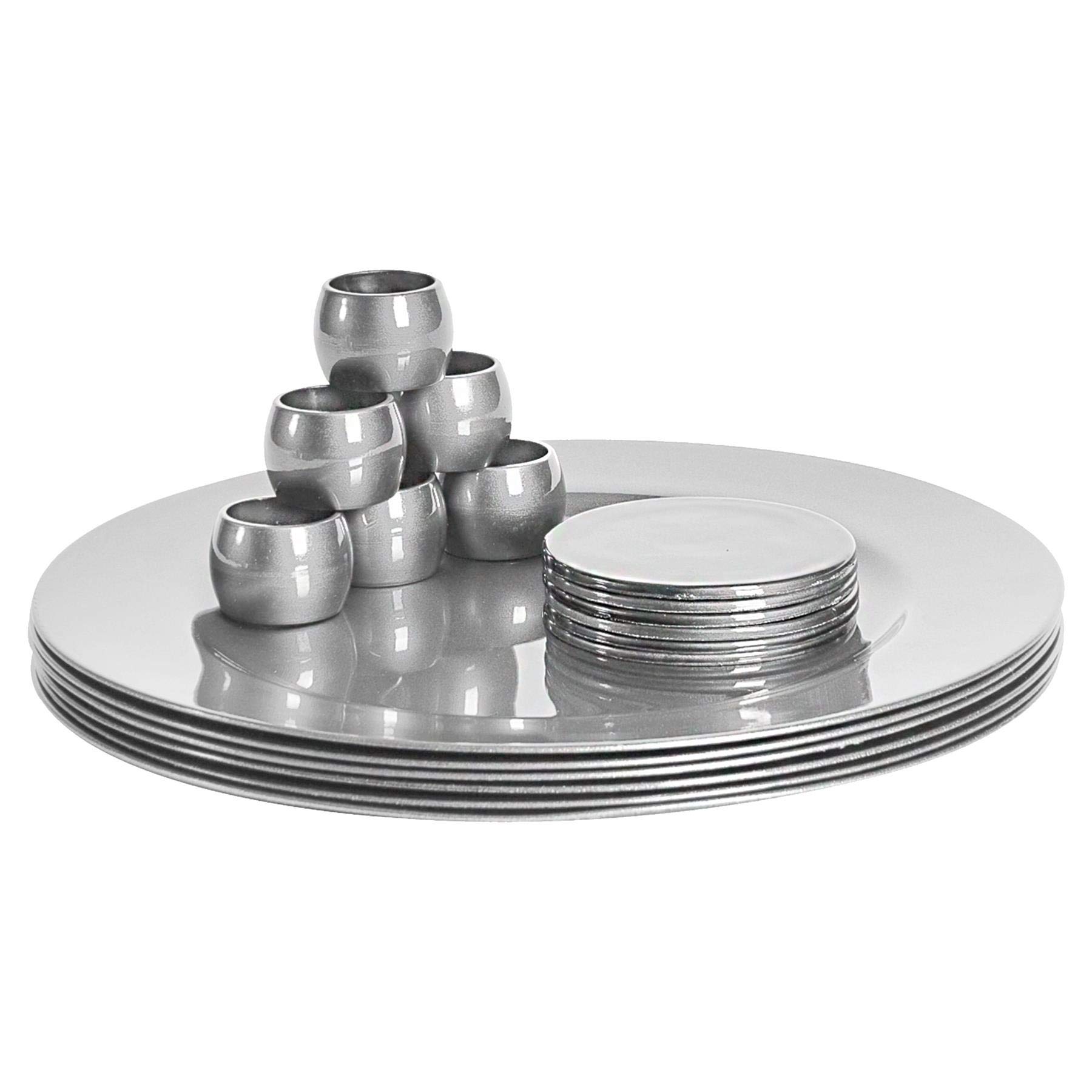Argon Tableware Metallic Charger Plates, Coasters & Napkin Rings Set - Silver - 18pc - 33cm - Reusable Dining Table Setting Plates Drink Placemats Napkin Holders for Christmas, Party Celebrations
